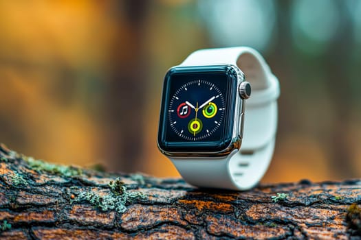 Stylish smartwatch with black screen and light gray strap against textured tree bark background in natural environment.