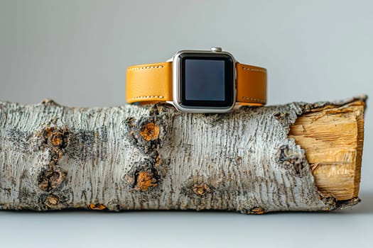 Stylish smartwatch with black screen and light gray strap against textured tree bark background in natural environment.