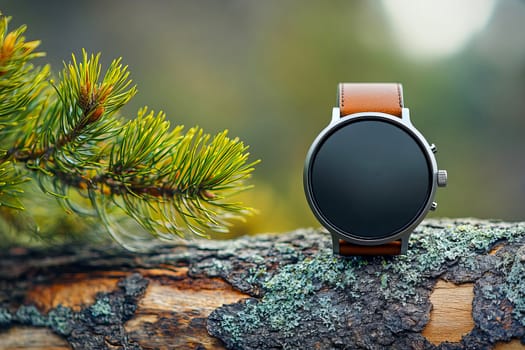 Stylish smartwatch with black screen and light gray strap against textured tree bark background in natural environment.