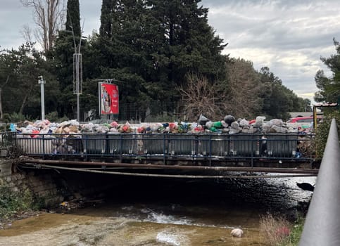 Montenegro, Budva, January 30, 2025. Mountains of uncollected garbage on the streets of the city. Strike of utility workers. High quality photo