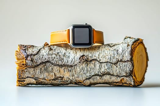 Stylish smartwatch with black screen and light gray strap against textured tree bark background in natural environment.