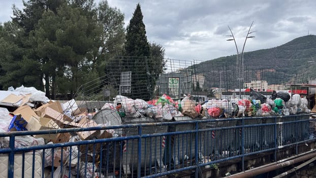 Montenegro, Budva, January 30, 2025. Mountains of uncollected garbage on the streets of the city. Strike of utility workers. High quality photo
