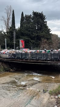 Montenegro, Budva, January 30, 2025. Mountains of uncollected garbage on the streets of the city. Strike of utility workers. High quality photo