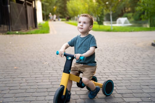 A cute happy toddler boy of two or three years old rides a bicycle or balance bike in a city park on a sunny summer day. Toddlerhood and childhood concept. Selective focus