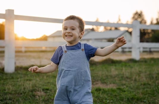 Happy smiling toddler boy two or three years old boy running on a farm. Active children leisure outdoors. Summer sunset light