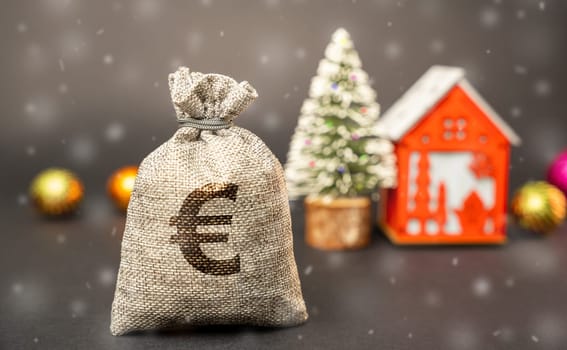 Euro money bag on the background of a Christmas tree, house and snow. Accumulating money and planning a budget. Business and finance. Loans, deposit, credit. Promotions, offers. Xmas winter holiday.