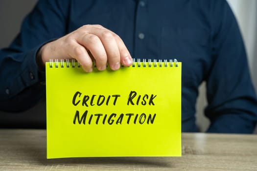 Credit Risk Mitigation concept. Minimizing the risk of losing money due to failure to fulfill interest payment obligations. Conceptual image with a businessman and a notepad in his hands.
