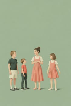 A painting of four children, two girls and two boys, dressed in simple, muted-toned clothing, stand in a line against a solid, pale green backdrop. Their postures suggest a moment of interaction or quiet reflection.