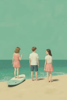 A serene illustration depicting three children—two girls and a boy—at the beach. They stand in contemplation, facing a tranquil ocean, with a single surfboard suggesting a day of play.