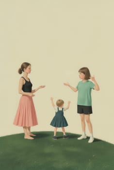 A painting depicting three young girls outdoors. One girl stands calmly observing the interaction of a toddler with another girl, creating a contemplative scene.