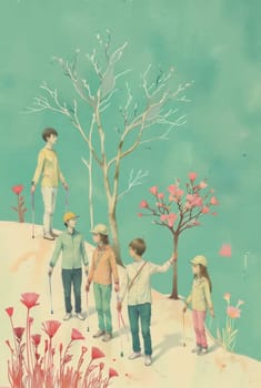 Five people using canes walk along a gentle hill. The scene is tranquil, with blossoming trees and flowers. A sense of hope and serenity permeates the artwork.