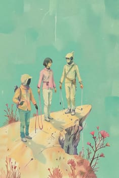 Three individuals, each in unique attire, stand on a precipice overlooking a tranquil, otherworldly vista. Their contemplative poses suggest a shared moment of quiet reflection.