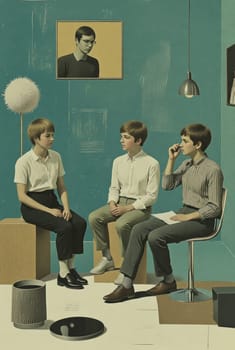 A stylized illustration depicting three teenagers—two boys and a girl—seated in a room with muted teal walls. The atmosphere is calm and introspective.