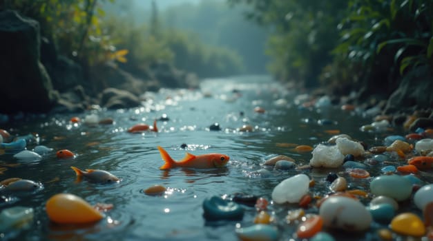 Goldfish gracefully navigate a clear stream adorned with a variety of colorful pebbles and shells. The tranquil setting is illuminated by soft natural light through nearby foliage.
