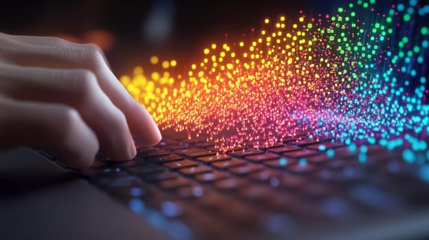 Close-up of programmer's hand typing on a laptop keyboard, generating a vibrant stream of colorful particles, symbolizing data flow and creativity.