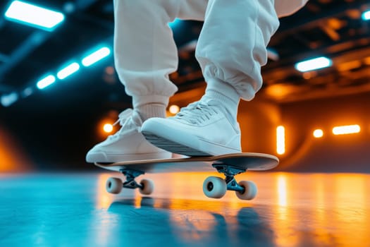 Close up of skateboarder riding skateboard in skatepark with neon lights.