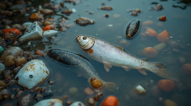 Several fish are navigating through shallow water filled with various smooth stones and pebbles during the evening twilight, creating a serene atmosphere.