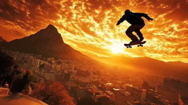 Skateboarder jumps with his skateboard over a cityscape at sunset with a mountain in the background.
