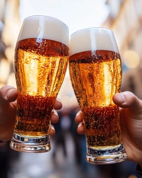 Two friends holding and toasting glasses of cold beer with condensation drops in city center