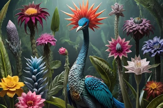 flowers firebird peacock nature art decor colour alt beautiful . High quality 3d illustration