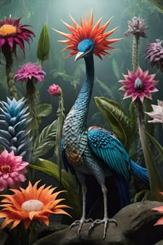 flowers firebird peacock nature art decor colour alt beautiful . High quality 3d illustration