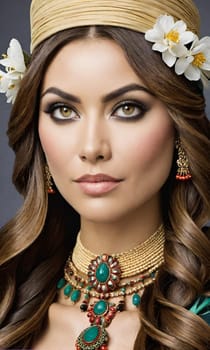 portrait of a woman girl with jewelry in a flower decor eyes brown hear people . High quality photo