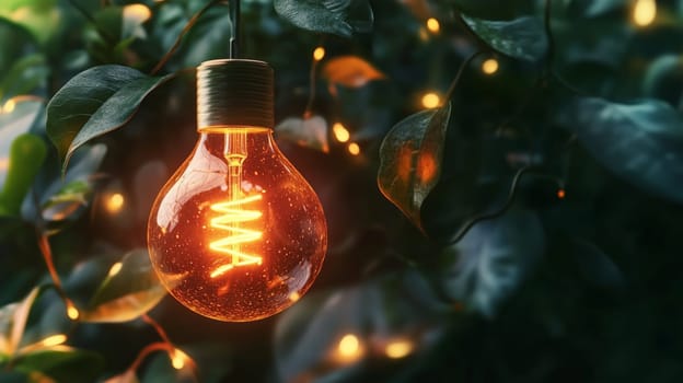 Orange light bulb hanging from tree branch illuminating surrounding leaves, creating a warm and inviting atmosphere