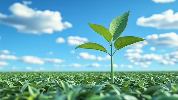 Small sprout growing in green field represents new life, hope, and growth against cloudy blue sky.