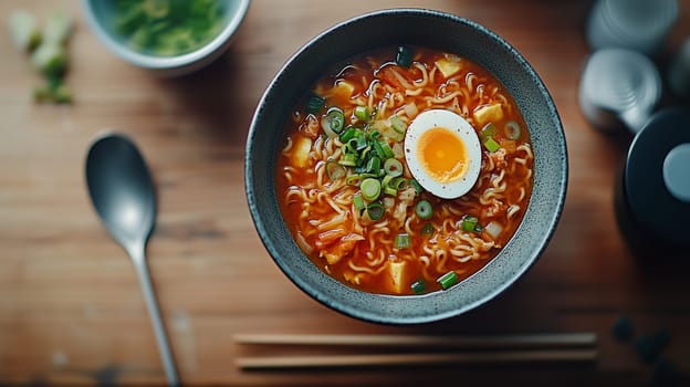 Top view of a bowl of ramen with egg and chopped green onions sitting on wooden table.