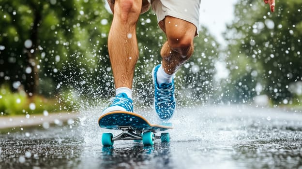 Man riding skateboard through puddle, creating water splashes and enjoying the thrill of skating in the rain