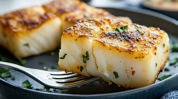 Close-up of perfectly cooked cod, pan-seared to golden perfection and sprinkled with fresh parsley,