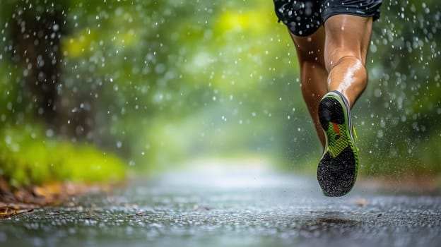 Runner sprinting on a wet road during a rainy day, showcasing resilience and determination