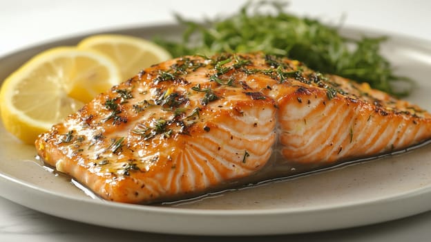 Seared salmon fillet seasoned with fresh herbs, lemon slices, and arugula, creating a healthy and flavorful dish