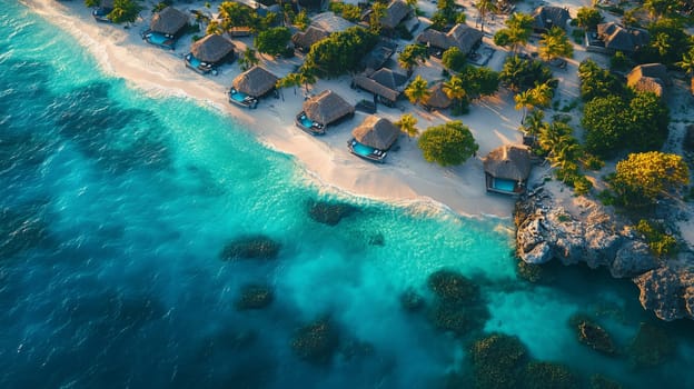 Luxurious overwater bungalows line a pristine white sand beach, overlooking the vibrant turquoise ocean in a stunning tropical paradise