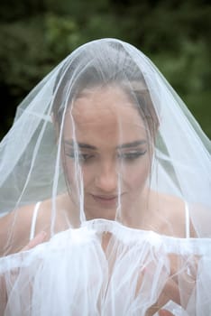 A person with pink hair looking at the camera. High quality photo, close-up of bride covered with white veil. beautiful brunette girl with smooth hair and stylish make-up.