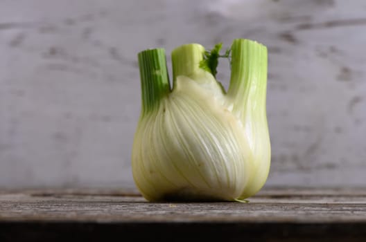 A fresh fennel bulb showcases its vibrant green fronds atop a weathered wooden surface, illuminated gently.