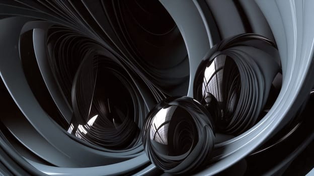 Swirling abstract patterns create a dynamic visual effect, highlighted by reflective spheres that enhance the depth and contrast of the composition in a modern style - Generative AI
