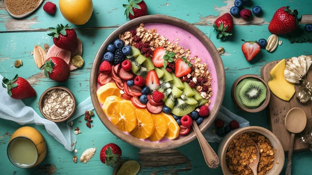 A vibrant smoothie bowl features layers of yogurt, granola, and a variety of fresh fruits like strawberries, blueberries, and kiwi. Surrounding elements include oranges and oats - Generative AI