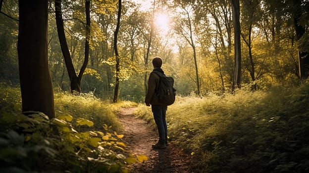 A person stands on a winding path surrounded by lush greenery, illuminated by soft sunlight filtering through trees during late afternoon - Generative AI