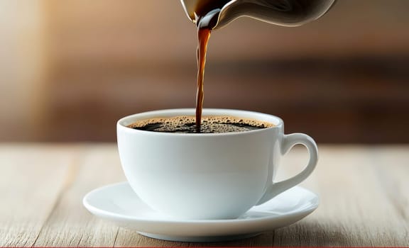 Pouring coffee into a white ceramic cop on wooden table..