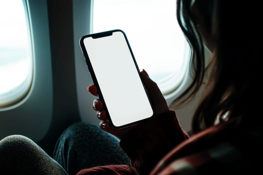 Close up of a woman hand holding a smartphone white screen is blank near an airplane window..
