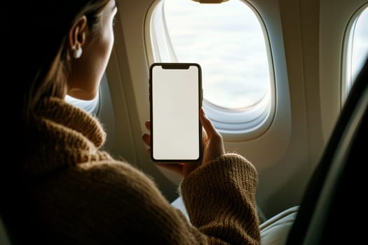 Close up of a woman hand holding a smartphone white screen is blank near an airplane window..