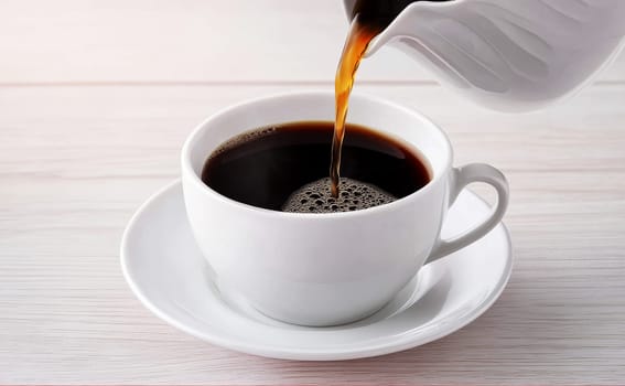 Pouring coffee into a white ceramic cop on wooden table..