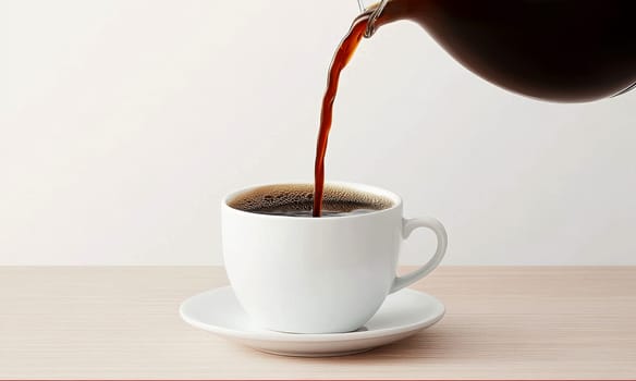 Pouring coffee into a white ceramic cop on wooden table..