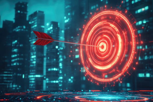 dart board with a red arrow pointing to it on blur building background..