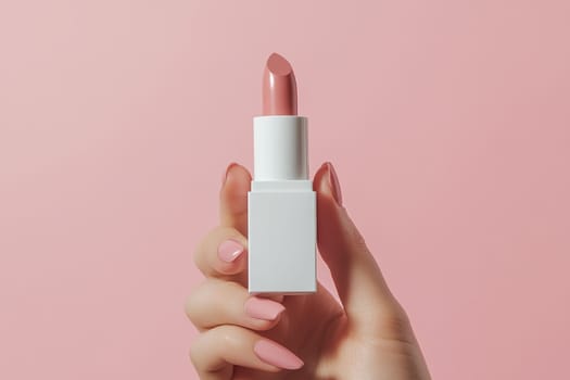 A person is holding a white lipstick in their hand. The lipstick is pink and has a slender shape. Concept of elegance and sophistication, as the person is holding the lipstick with care