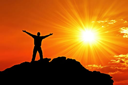 A man is standing on a mountain and is reaching up to the sun. The sun is shining brightly and the sky is orange. Scene is uplifting and inspiring