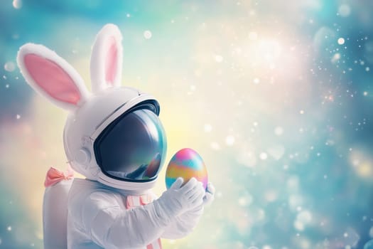 A cartoon rabbit in a spacesuit holding an Easter egg. The image has a playful and whimsical mood, with the rabbit's unusual attire and the bright colors of the egg