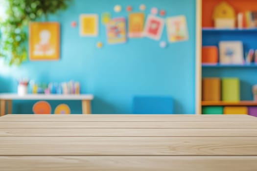 A wooden table with a blue wall behind it. The table is empty. The room is bright and colorful
