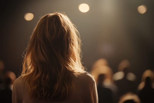A woman with long brown hair stands in front of a crowd of people. Concept of anticipation and excitement, as the woman is likely about to perform or give a speech. The audience appears to be engaged